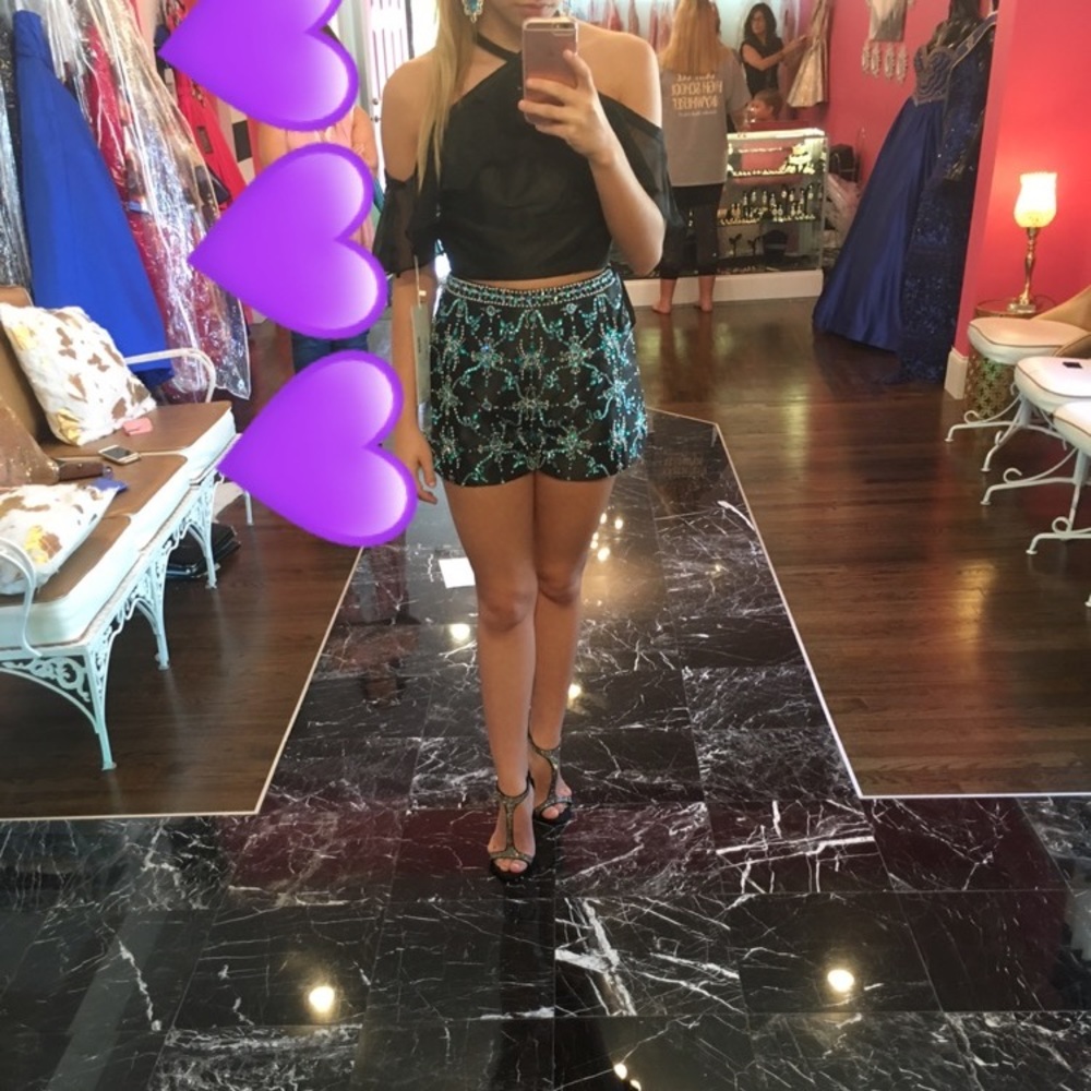 Black and blue two piece Rachel Allan outfit